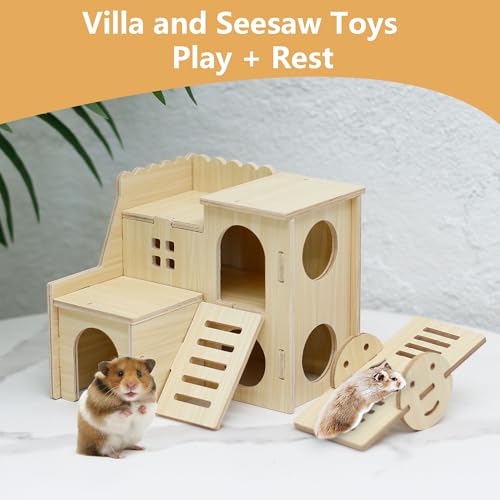 Wooden Hamster Hideout Cage Accessories, Guinea Pig House and Seesaw | Double-Decker Hide Hut with Slide, Hamster Chew Toys for Pet Rats, Hamster Platform for Dwarf Gerbils, Two-Story