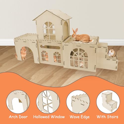 YUEPET 4-Piece Rabbit Castle with Stairs, Wooden Bunny Castle, Rabbit House | 4-Piece Castle Set with Stairs, Detachable Panels, 47.2 x 11.8 x 24.6 in, Ventilation Cutouts, Tool-Free Assembly - size: Rabbit Castle*4+Ramp*1
