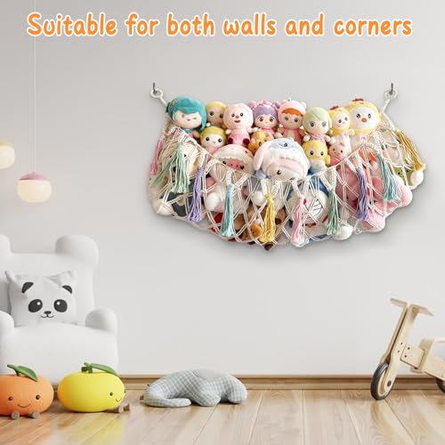 Bohemian Stuffed Animal Hammock, 51" Large Toy Storage Net for Plush Toys, Kids Room & Nursery Wall Hanging Organizer, Macrame Corner Storage, Baby Girl Room Decor Gift.