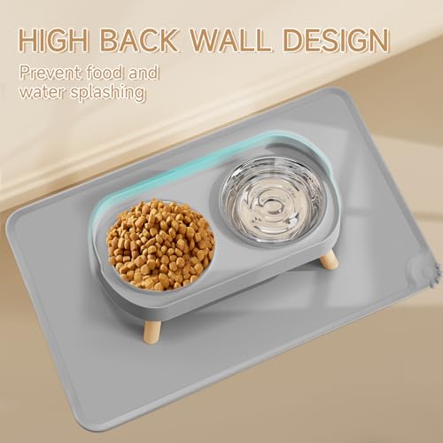 Elevated Cat Bowl with Food Mat, Raised Cat Food and Water Bowl Set for Indoor Cats, Splash Proof with 2 Stainless Steel Pet Food Bowls for Cats and Puppies,Whisker Fatigue and Dishwasher Safe (Grey) - color: Cat Bowls with mat - grey