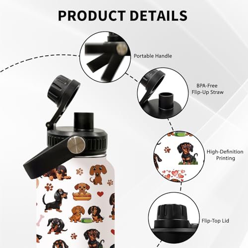 Dachshund 32oz Water Bottle, with Handle Lid Bottle, Insulated Cup | 32oz Stainless Steel Sport Tumbler, Leak-proof Coffee Mug, Thanksgiving Christmas Birthday Gift for Dachshund Lovers - color: Dachshund