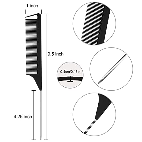 3 Pack Rat Tail Comb, 9.5 Inch Fine Tooth Pintail Comb with Stainless Steel Tail, Professional Hair Parting Comb for Styling, Sectioning, Teasing, Highlighting, Salon Barber Comb