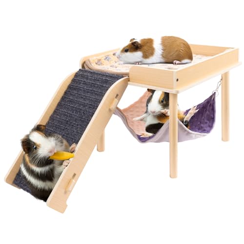 BESNEW Enlarged Guinea Pig Hammock with Platform and Stairs,Wooden Small Animal Hideout for Guinea Pigs Bunny Ferret Hamster Hiding Sleeping Activities(Single) - style: Hammock with ramp