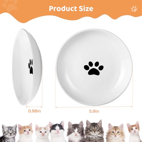 Ceramic Cat Food Plates: Cat Wet Food Bowls/Whisker Fatigue Cat Dishes & Shallow Bowls for Kittens and Small Animals1 | For wet/dry food; fits kittens, rabbits, hamsters; microwave & dishwasher safe; stable paw-print design