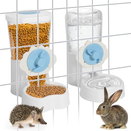 2 Pack Hanging Automatic Pet Food Water Dispenser, Auto Rabbit Feeder and Water Bottle Set for Cage, Food and Water Bowls for Cat Bunny Chinchilla Hedgehog Guinea Pig Ferret cage Accessories - color: Blue White