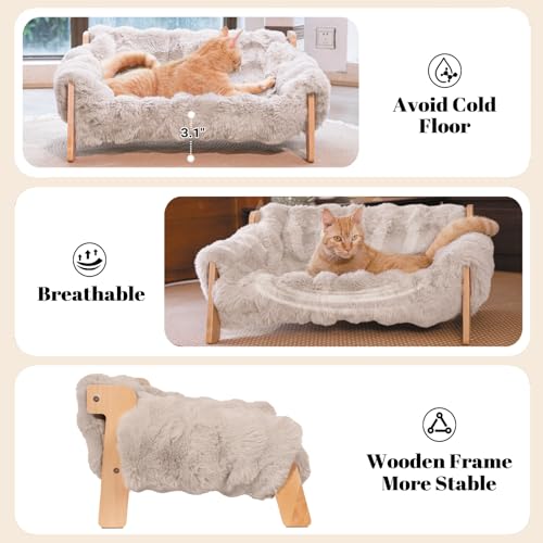 Elevated Cat Couch Bed Wooden Raised Kitty Sofa Lounge Chair | Washable Fluffy Cover Wooden Elevated Pet Furniture for Indoor Cats and Puppy(Gray) - color: Cat Sofa-Khaki(Light Gray)