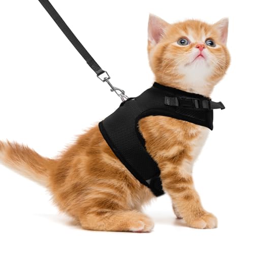 PUPTECK Soft Mesh Cat Vest Harness and Leash Set Puppy Padded Pet Harnesses Escape Proof for Cats Small Dogs Rabbits Bunny, Black Medium - color: Black, size: M(NECK 7", CHEST 10.5", 4-6 lbs)
