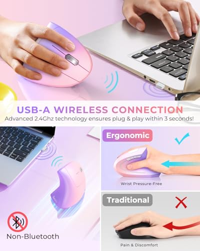 Lekvey Ergonomic Mouse, Vertical Wireless Mouse, Rechargeable, Pink Purple | Long Battery Life, USB-C Charging, Quiet Click, Carpal Tunnel Support, 2.4G Wireless, 3DPI 800/1200/1600, for Laptop, Mac, PC - color: Pink to Purple