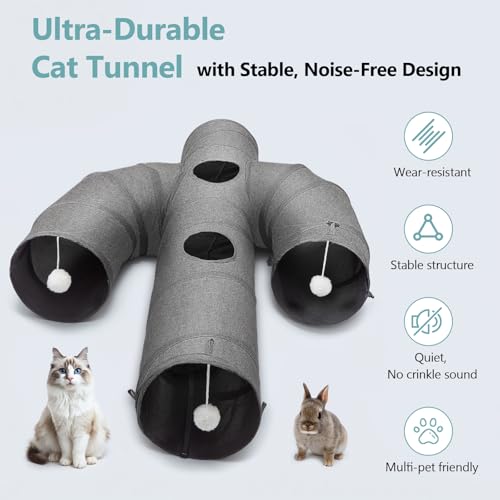 Ownpets Cactus Cat Tunnel 10" with Peek Holes for Indoor Large Cat, Grey | Durable Oxford fabric, noise-free, foldable & connectable, multi-cat friendly, tube for cats up to 20lb, includes ball & wand - size: 10 Inches in Diameter