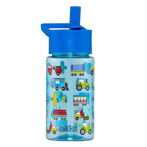 Wildkin 16 oz Tritan Water Bottle with Straw Lid, Trains, Planes & Trucks | Lightweight Tritan, dishwasher safe, straw lid helps prevent leaks when closed, easy for little hands, ages 3+ - color: Trains, Planes & Trucks, size: 16 Ounces