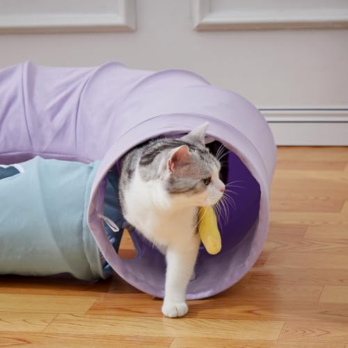 Cat Tunnel, Large Indoor Durable Collapsible Interactive Cat Tube with Peek-A-Boo Hole, Hanging Toys, and Crinkly Paper Lining - Cute Tunnel for Cats, Kittens, Puppies & Rabbits, Purple - color: PurpleBlue
