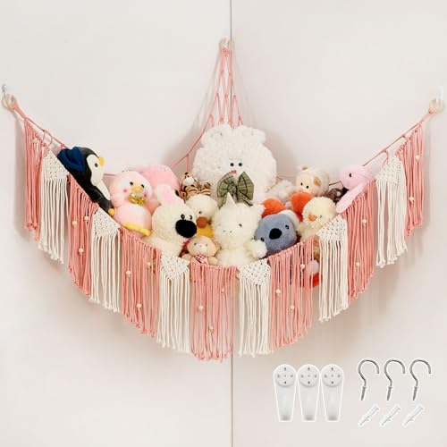 Stuffed Animal Hammock with Weaving Tassels and Beads Leather Pink - color: Leather Pink