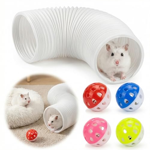 Hamster Collapsible Tunnel Tube Toys with 4 Bell Balls, Expandable Small Animal Hideout Exercise Toy 7.8inch Unextended 32.7inch Extended for Guinea Pig Gerbil Rat Ferret (White) - color: White