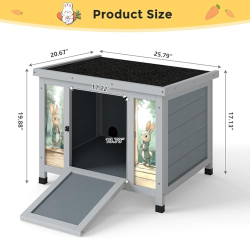 COZIWOW 24 Inch Rabbit Hutch Outdoor, Weatherproof Cat House, Bunny Cage Indoor with Non-Slip Ramp, Portable Wooden Shelter for Rabbits, Feral Cats, Chicken, Duck & Other Small Animals (Grey) - color: Grey w/printing
