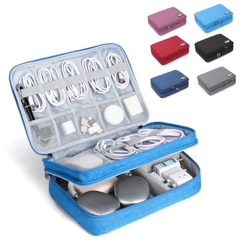 Electronic Organizer Travel Case, Double Layer Cable Organizer Bag | Double-layer design with adjustable dividers, mesh pockets and elastic loops for chargers, cables, power banks and gadgets - color: sky blue