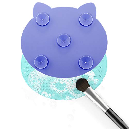 2Pack Makeup Brush Cleaning Mat, Cute Cat Ear Animal Design Silicone Brush Cleaner Pad with Suction Cups (Purple+Green) - color: Purple+Green