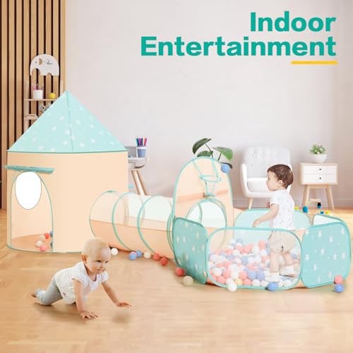 PigPigPen 3pc Kids Play Tent for Girls and Boys with Ball Pit, Crawl Tunnel, Princess Tents for Toddlers, Baby Space World Playhouse Toys, Boys Indoor& Outdoor Play House, Perfect Kid’s Gifts - style: 3PC Orange & Green Star Play Tent