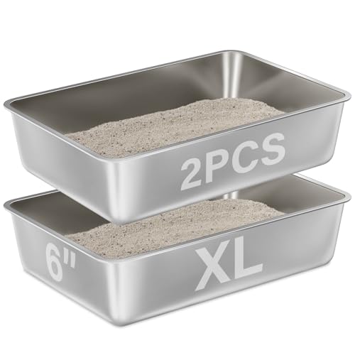 Stainless Steel Litter Box 2 Pack,XL Metal Litter Box for Big Cats | High Sided Litter Box Adult Big Cats,Cat LitterBox Metal Pet Toilet Easy to Clean,Non Stick, No Smell,23.6"x15.8"x6" - color: 2pcs - 23.6" L x 15.7" W x 6" H