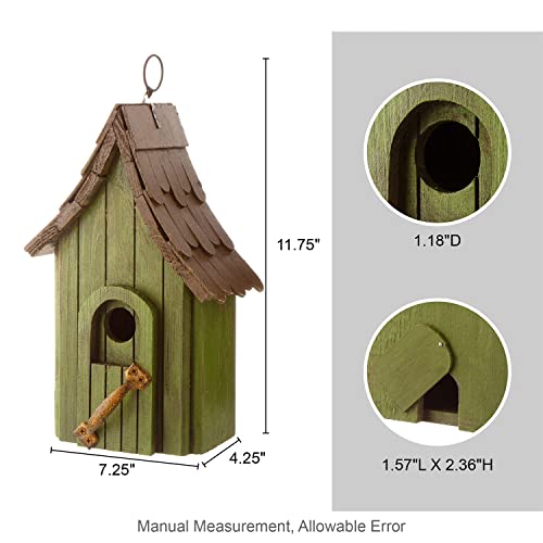 Glitzhome Birdhouses for Outdoors, Hand Painted Garden Hanging Wooden Bird House with Single Roof for Outside, Country Cottages for Bluebird Swallow Sparrow Hummingbird Finch Cardinals Cedar, Green - color: 11.75"H Distressed