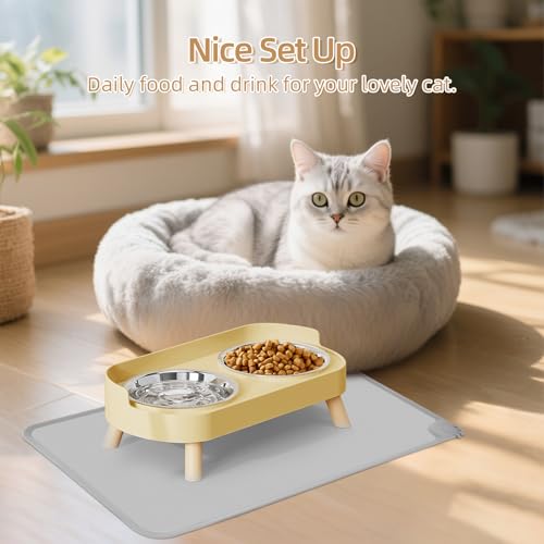 Elevated Cat Bowl with Food Mat, Raised Cat Food and Water Bowl Set for Indoor Cats, Splash Proof with 2 Stainless Steel Pet Food Bowls for Cat and Puppies,Whisker Fatigue and Dishwasher Safe (Yellow) - color: Cat Bowls with mat - yellow