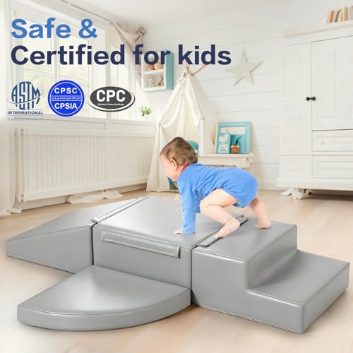 Sumbababy Foam Climbing Blocks for Toddlers: 4 PCS Soft Play Toys - Waterproof PU Leather Climber - Kids Indoor Playground Set for Preschool and Daycare - style: Grey