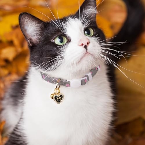 2 Pack Cotton Cat Collar Pink and Gray Heart Shaped Cute Kitten Cat Collar | Breakaway Breathable Soft material With cute pendants with Bell - color: Pink&Gray