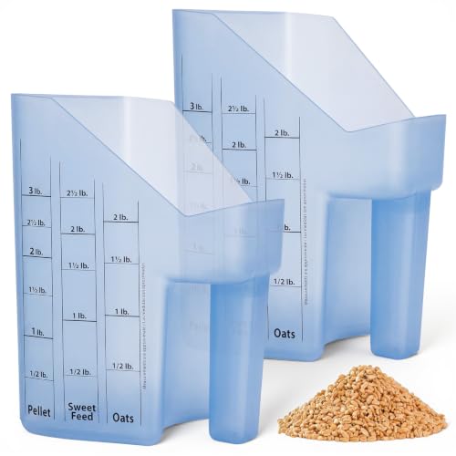 Uiifan 2 Pcs 3 Quart Horse Feed Scoop with Measurements, Heavy Duty Plastic Livestock Measuring Scoop for Grain, Pellets, Oats, Sweet Feed, Goat, Sheep and Cattle Supplies (Blue) - style: Blue