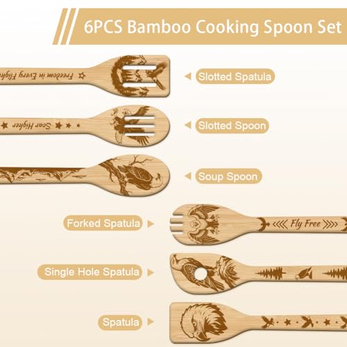 GLOBLELAND 6 Pcs Eagle Wooden Spoons Utensil Set Mountain Eagle Bamboo Carving Kitchen Cooking Utensils Wooden Engraved Cooking Spatula Sets for Kitchen Fun House Warming Gift - color: Eagle