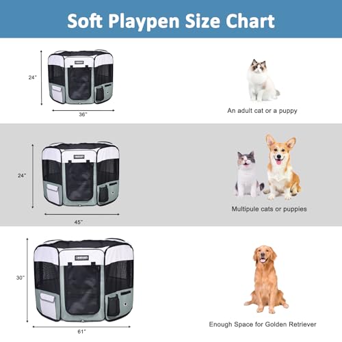 Jespet Soft Dog Playpen, Portable Pet Exercise Pen Kennel with Carry Bag | 2-Door, Easy to Fold, Ground Stakes, Zipper Locks, Large Storage Pocket, Washable Top Mesh Cover & Bottom Cover - color: Shale Green, style: 45x45x24 Inch (Pack of 1)