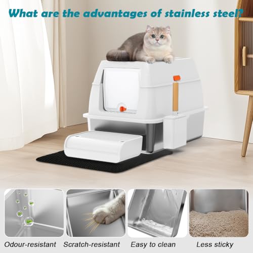 SZEE XL Stainless Steel Litter Box with Lid, Extra Large Metal Covered Litter Box, Stainless Box Easy Clean, Activated Charcoal Odor Control Design, Includes Litter Scoop & Mat & Step, White - color: White