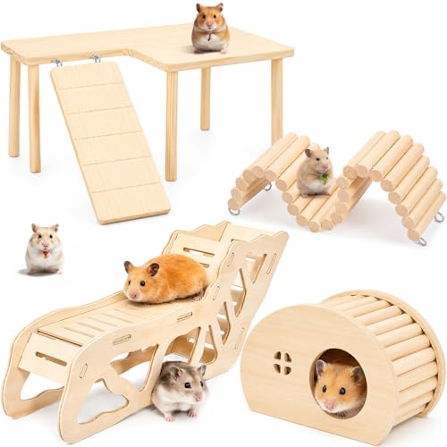 BreezeHug 4 Pcs Hamster Cage Accessories Hamster Platform Hideout Wooden Tunnel Ladder Playhouse Game Climbing Toy with Platform for Pets Dwarf Syrian Mice Degus Gerbils Squirrel(Table) - style: Table