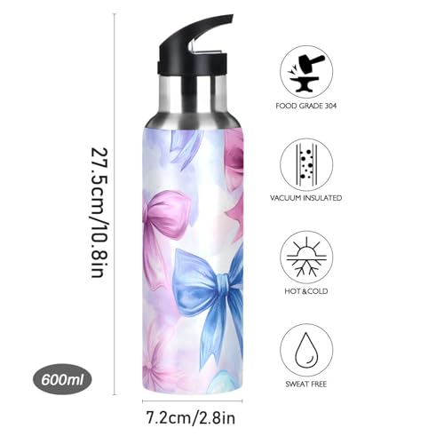 Pink Blue Bow Water Bottle Girls Stainless Steel Water Bottle Straw Lid | Kids Leak Proof Girls Insulated Tumbler Cup for School 20 oz - color: Multi11