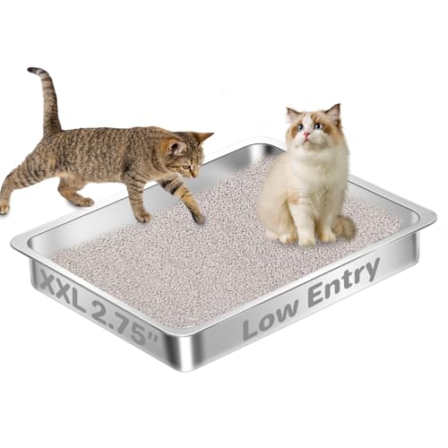 Low Entry Stainless Steel Cat Litter Box for Senior Cats, Extra Large Metal Shallow Litter Box, Easy Access Kitty Litter Pan, Easy Cleaning -23.62'' Lx 15.75'' W x 2.76'' H - color: 23.62'' Lx 15.75'' W x 2.76'' H