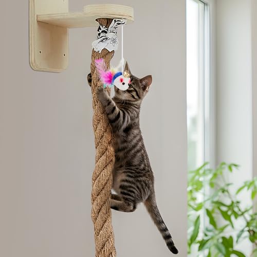 Weysat 2" x 4.92 ft Cat Climbing Rope with 2 Jumping Platform Wall Mounted Thick Jute Cat Scratching Post Furniture Wall Climbing System for Kittens & Large Cats(Wood,with Toys) - color: Wood, style: with Toys