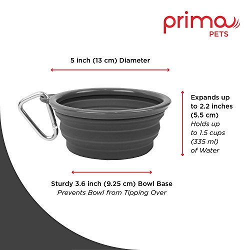 Prima Pet Collapsible Silicone Water Travel Bowl with Clip for Dog and Cat, Portable and Durable Pop-up Feeder for Convenient On-the-go Feeding - Size: Small (1.5 Cups) Grey -2 Pack - color: GREY, size: SMALL (1.5 CUPS) - 2 PACK