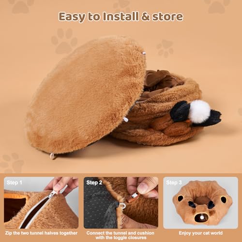 Cat Tunnel Bed with 20 Pcs Interactive Toys, 3-in-1 DIY Collapsible Plush Cat Tube with Washable Mat, Large Indoor Play Tunnel Cave for Kittens and Small Animals - color: Brown