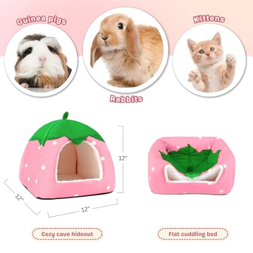 Rabbit Hideout, Washable Bunny Bed with Removable Pee Pad, Plush Indoor Rabbit House, Adorable Strawberry Design Small Animal Hideaway for Guinea Pig, Pink - color: Pink