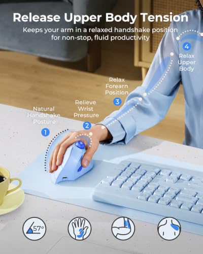 seenda MOU-302 Wireless Bluetooth Ergonomic Vertical Mouse with Volume Knob | Rechargeable 3-device mice for small/medium hands with quiet clicks, 1000/1600/2400 DPI for PC, laptop, MacBook, Light Blue - color: Light Blue