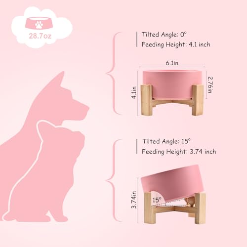 SPUNKYJUNKY 15° Slanted Ceramic Dog and Cat Bowl with Wooden Stand, Tilted Bulldog Food and Water Bowl No Slip Non-Spill for Cats Medium Dogs Big Face Pets 28.7 OZ (3.6 Cups,Pink) - color: Pink, size: 3.6 CUPS × 1