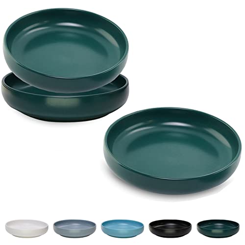 Ceramic Cat Bowls,Shallow Cat Dishes for Food and Water, 6 inch Matte Finish Wide Cat Food Bowl,Whisker Fatigue Free Pet Puppy Kitten Bowl Set of 3,Dishwasher Safe - color: Blackish green-3pack