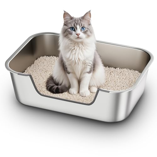 Qiuma Stainless Steel Cat Litter Box with Low Entry, Metal Kitty Litter Box for Senior or Injured Cats, Odor-Free, Non-Stick, Easy to Clean, 19.5"x13.6"x5.9", Litter Pan for Big and Small Cats - size: 19.5"L x 13.6"W x 5.9"H