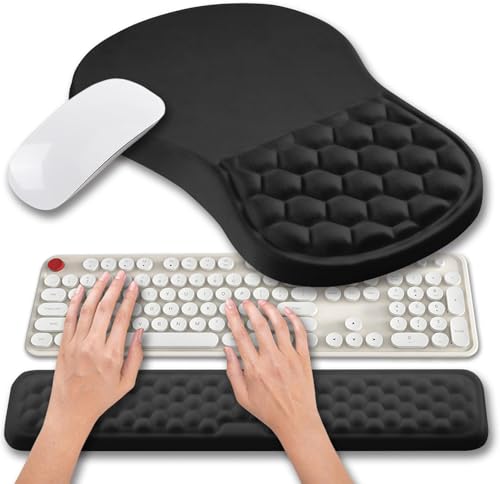 Hokafenle 2 in 1 Ergonomic Mouse Pad Wrist Support & Wrist Rest for Computer Keyboard Set, with Relieve Carpal Tunnel Pain Massage Bulge and Full Memory Gel Design (2In1 Set, Black) - color: Hk001-black
