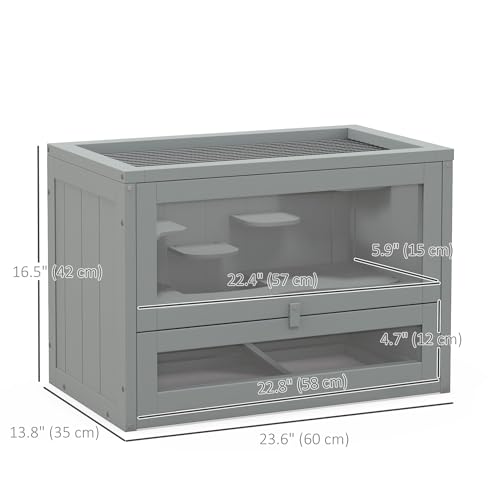 PawHut 2-Level Hamster Cage, Mouse Cage for Chinchillas, Gray | Mice and Rat House, Small Animal Habitat, Front Door, Shelf, Ladder, Openable Top - color: Gray