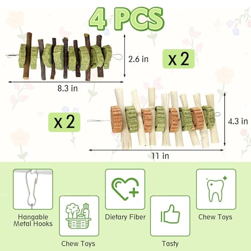 Hamiledyi 4PCS Bunny Chew Toys Rabbit Hanging Toys for Teeth Grinding Natural Apple Wood Sweet Bamboo Sticks Timothy Grass&Carrot Cake for Chewing/Improving Rodent Animals Dental Health - style: Style B