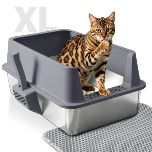 Stainless Steel Litter Box with Lid,XL Extra Metal Cat Litter Box | Large Litter Boxes for Big Cats,Metal Kitty Litter Boxes with Anti-Leakage, High Sides,Easy to Clean,Scoop & Mat Included - color: 573713Gray