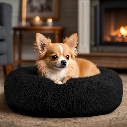 Dogs Bed for Small Dogs, Anti-Anxiety Washable Round Bed (Black, 24.0" L x 24.0" W x 8.0" Th) - color: Black, size: 24.0"L x 24.0"W x 8.0"Th