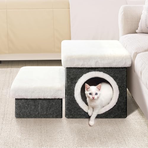 B FSOBEIIALEO Cat House Pet Stairs for Beds Sofa, Foldable Dog Steps 2-Tier With Storage Toy Box, Small Indoor Pet Steps Grey 15.7x12.6x12.6 Inches