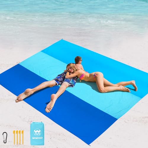 WIWIGO Beach Blanket Mat Waterproof Sandproof for 2-8 Adults Quick Drying | Extra Large, For 2-8 Adults,Windproof, Outdoor Picnic Mat, Beach Accessories Must Have,Gifts, for Travel, Camping, Hiking - color: Bule-striped, size: 79" X 83"（1-4person）