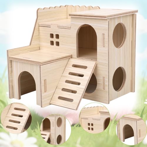 Penitue Wooden Hamster Hideout House with Ladder, Double-Decker Hamster Maze Wood Hut Detachable Small Animal Cage Habitat for Dwarf Hamsters Gerbils Mice Rats (Not for Large Pets)