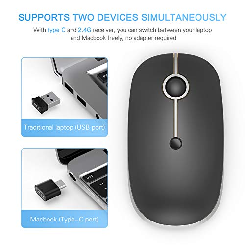 VssoPlor Type C Wireless Mouse, USB C MacBook Wireless Mouse, Black Silver | Dual Mode Cordless Mice with USB and Type C Receiver Compatible with PC, Laptop, MacBook and All USB C Devices - color: Black and Silver